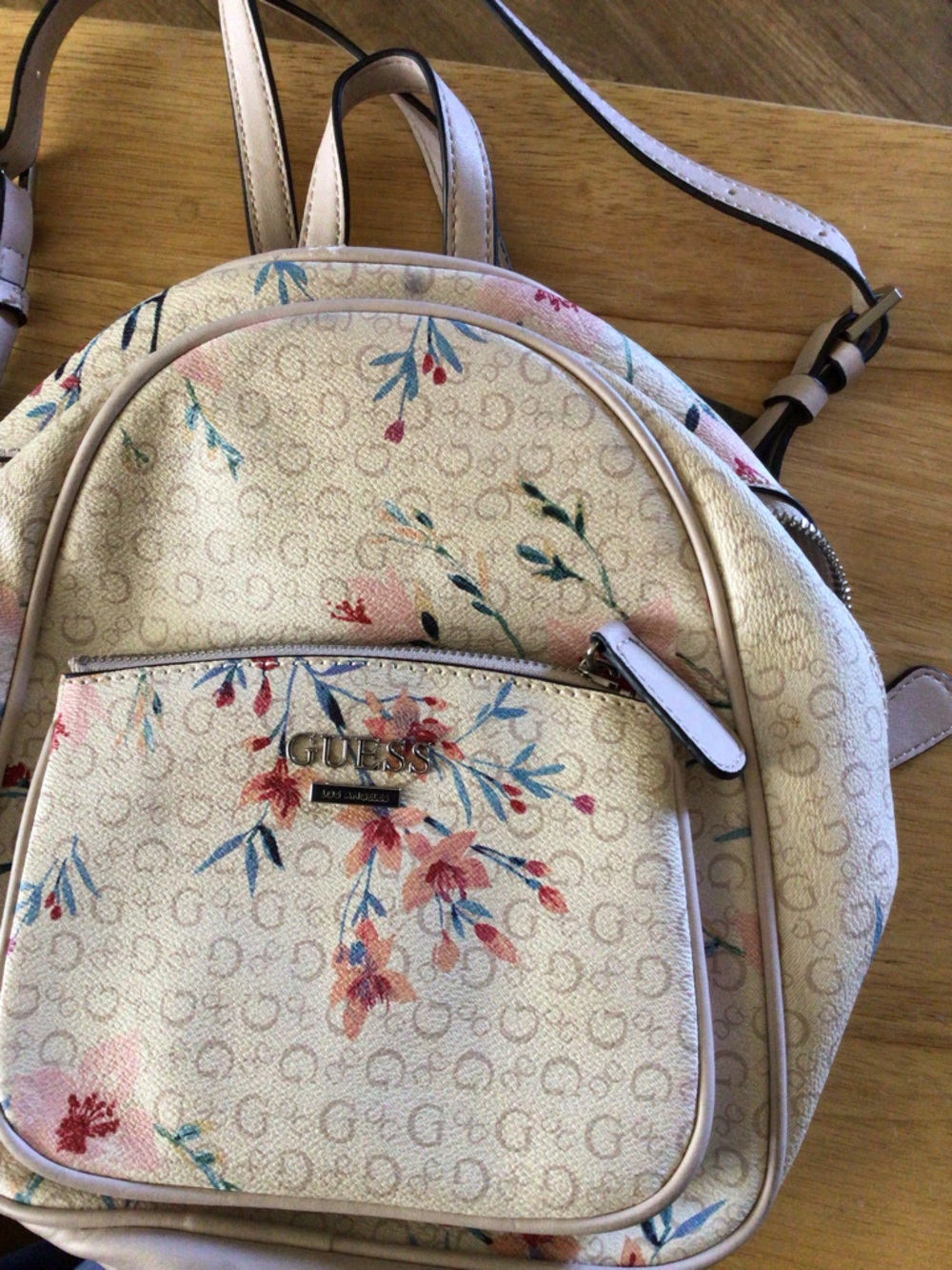 GUESS Cream Floral Mini Backpack with Pink & Blue Accents
